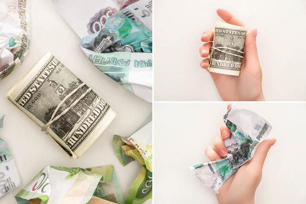 collage of woman holding cash roll and ruble banknote near crumpled money isolated on white  - Photo, Image