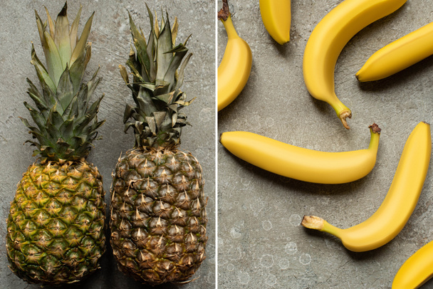 top view of colorful delicious bananas and pineapples on grey concrete surface, collage - Foto, immagini