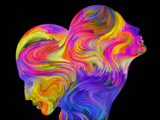 Farben der Einheit. Zusammenspiel farbenfroher und surrealer menschlicher Profile zum Thema Liebe, Leidenschaft, romantische Anziehungskraft und Einheit - Foto, Bild