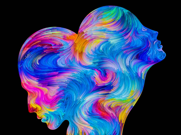 Σειρά χρωμάτων ενότητας. Καλλιτεχνικό υπόβαθρο από πολύχρωμα και σουρεαλιστικά ανθρώπινα προφίλ για χρήση με έργα αγάπης, πάθους, ρομαντικής έλξης και ενότητας - Φωτογραφία, εικόνα
