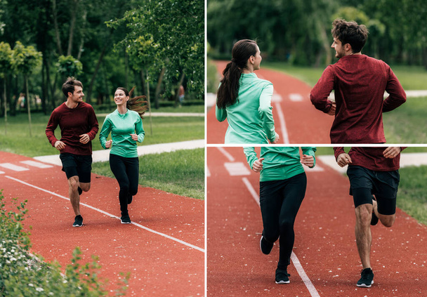 Kolaż uśmiechniętej pary biegającej razem po ścieżce biegnącej w parku  - Zdjęcie, obraz