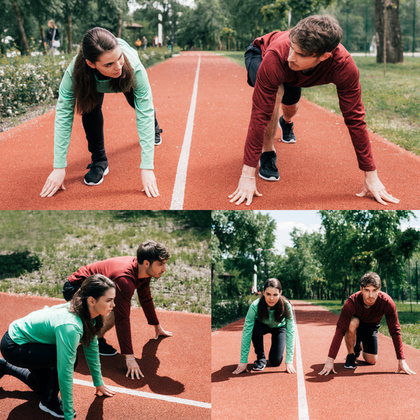 Collage de pareja de pie en posición inicial en pista de atletismo en parque
  - Foto, imagen