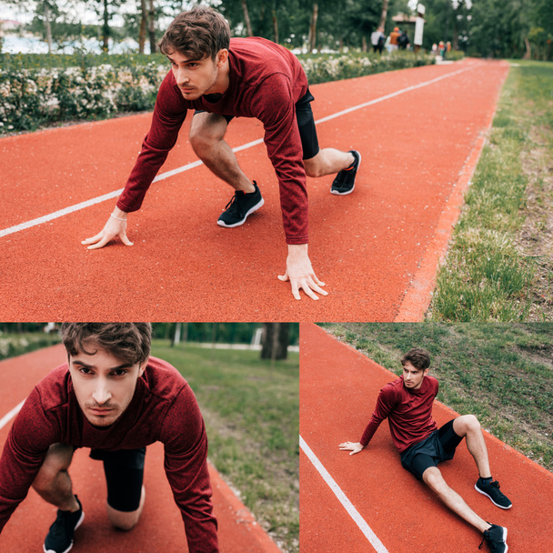 Collage de hombre guapo de pie en posición inicial y sentado en pista de atletismo en el parque
  - Foto, imagen