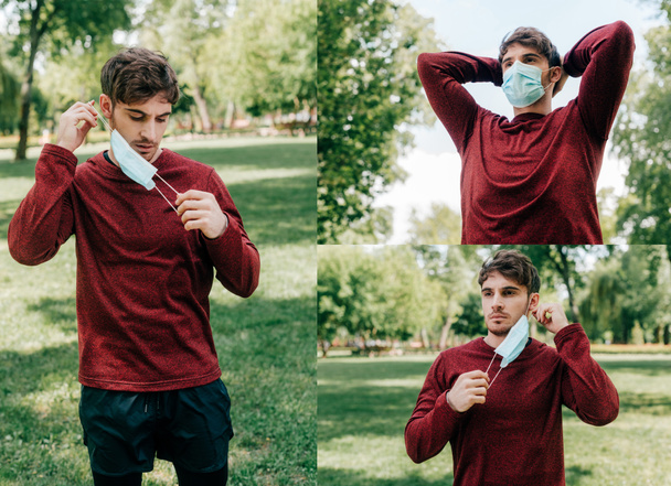 Collage of man holding medical mask while exercising in park  - Foto, Imagem