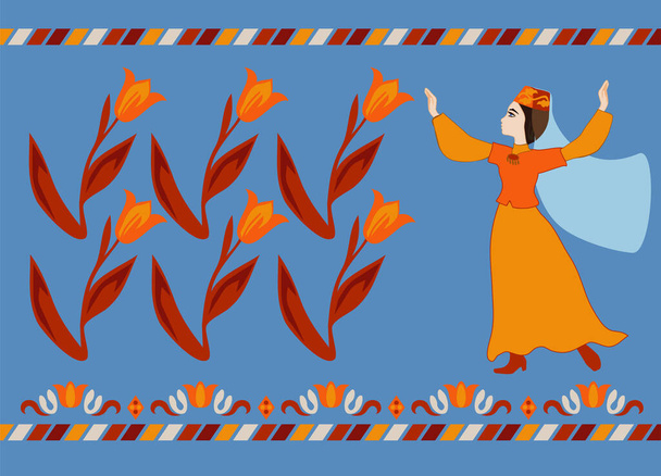 Krimin tataarityttö tanssii tulppaanien vieressä. Postikorttien tai onnittelujen tausta - Valokuva, kuva