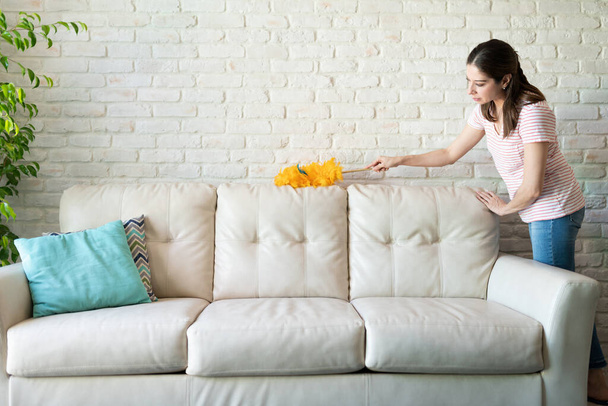 Vue complète d'une femme dans la quarantaine utilisant un plumeau pour nettoyer un canapé à la maison tout en faisant tous les travaux ménagers
 - Photo, image