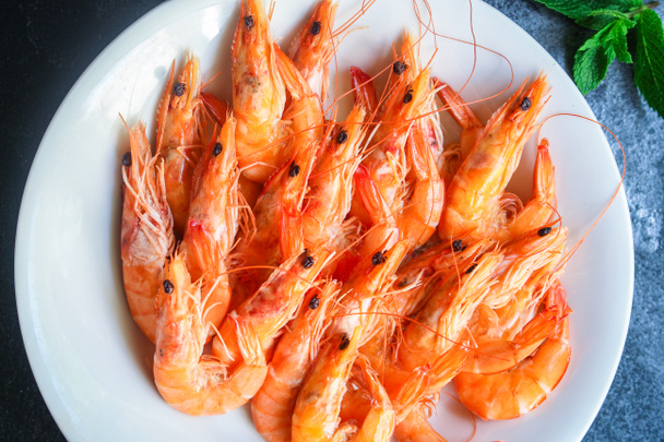 shrimp ready to eat boiled seafood Menu concept serving size. food background top view copy space for text keto or paleo pescatarian diet organic healthy eating - Photo, Image