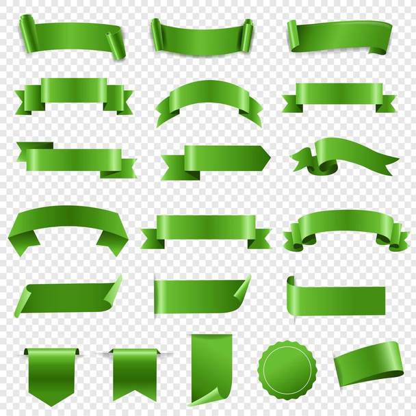 Green Ribbon Set And Labels Transparent background - Διάνυσμα, εικόνα