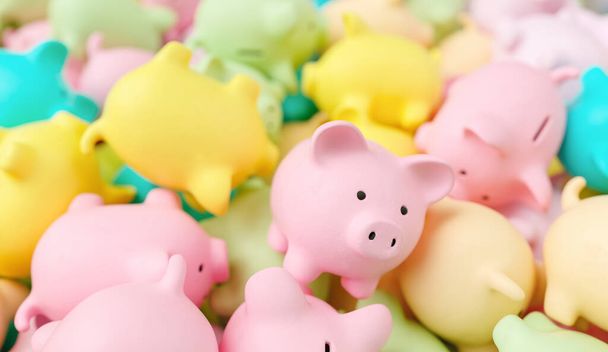 Grande grupo de bancos piggy coloridos pastel
 - Foto, Imagem