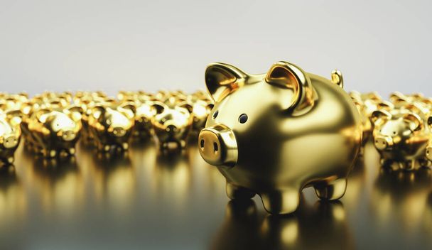 Big golden piggy bank in front of small golden piggy banks, investment and development concept  - Photo, Image