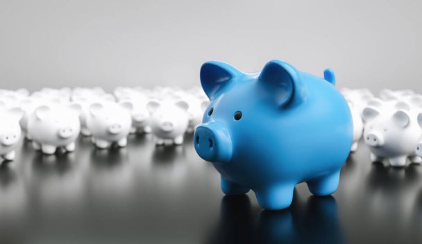 Big blue piggy bank with small white piggy banks, investment and development concept  - Photo, Image