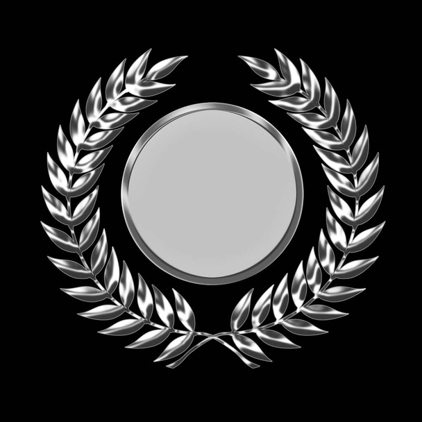 Een zilveren laurierkrans award geïsoleerd op een zwarte achtergrond in 3D illustratie met copyspace - Foto, afbeelding