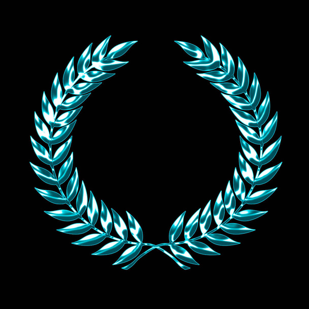 Яркая эмблема лаврового венка из бирюзы, выделенная на черном фоне в 3D иллюстрации
 - Фото, изображение