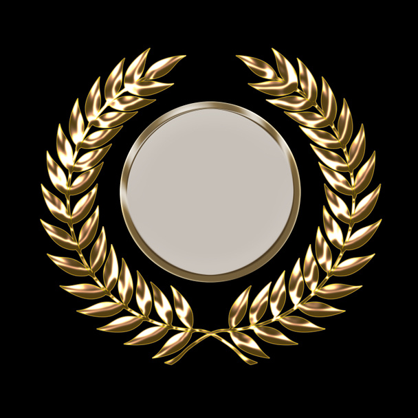 A gold laurel wreath award isolated on a black background in 3D illustration with copyspace - Photo, Image
