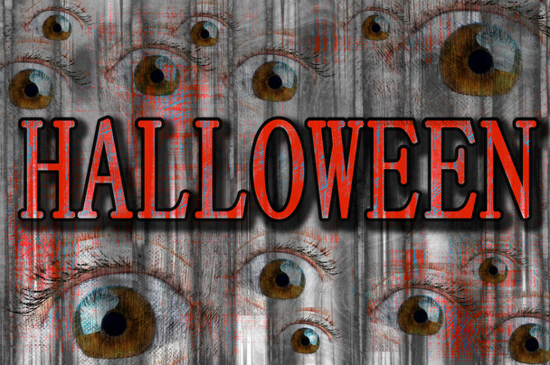 A Halloween poster design with scary eyes and grunge background curtain in 3D illustration - Foto, afbeelding