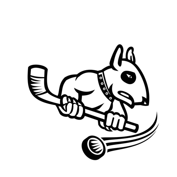 Mascote esportivo ilustração em preto e branco de um terrier touro ou cabeça cunha segurando uma vara de hóquei no gelo com disco na parte de trás visto de lado no fundo isolado em estilo retro
. - Vetor, Imagem