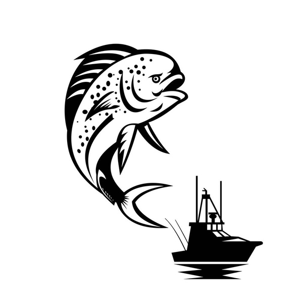Illustration im Retro-Stil eines Pompano-Delfinfisches (Coryphaena equiselis), eines an der Oberfläche lebenden rochenflossenartigen Fisches, der mit einem Fischerboot, einem Seeschiff oder einem Gefäß im Hintergrund in schwarz-weiß hochspringt. - Vektor, Bild