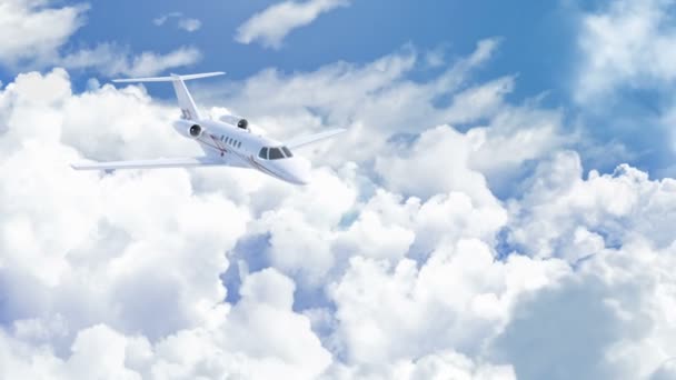Ilmakuva charter yksityinen suihkukone lentää yli valkoisten pilvien kirkas aurinkoinen päivä, kamera edessä kone, 3d tehdä - Materiaali, video