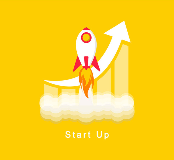 Opstarten. Raketlancering op een gele achtergrond. Startup business of uw project. Vector plat ontwerp. - Vector, afbeelding