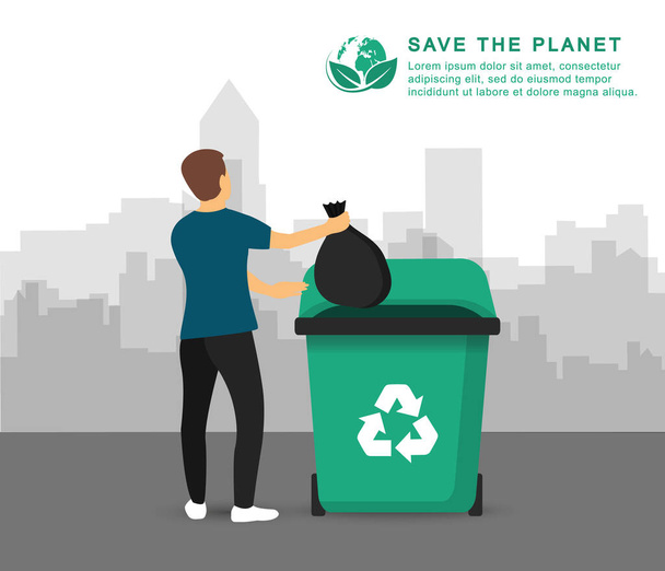 Afval recyclen. Een man gooit afval in een vuilnisbak. Poster Save the Planet. - Vector, afbeelding