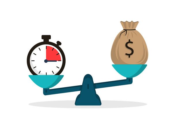 Time is money. Clock and money concept on the scales in a flat style. Stopwatch and money bag. - Vector, Image