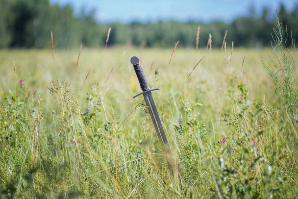 Knight's sword thrust into the ground. In the field against the background of the forest and the blue sky. A sunny day of yellow-green steppe. Battlefield. After battle. Crusade, medieval weapons. - Photo, Image