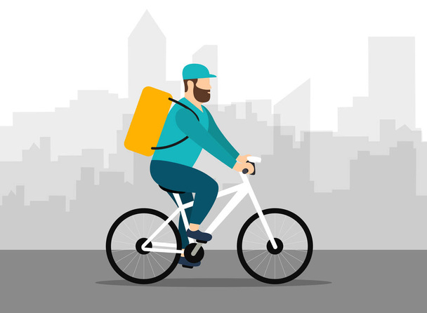 Delivery man on a on bicycle. Express delivery. City landscape. Flat style. - Vektör, Görsel