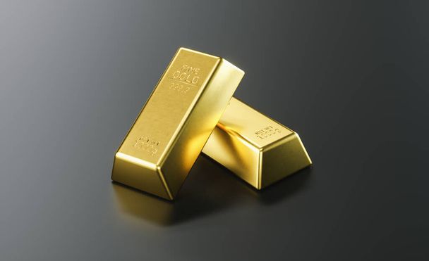 two pieces of gold bar stack up on a black background - Fotó, kép