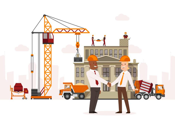 Construction technic, conclusion agreement between businessmen vector illustration. Hoisting crane at facility, builder team - Vektori, kuva