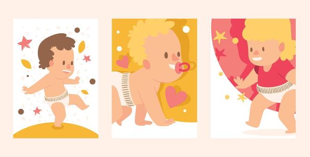Sétáló baba készlet, lány és fiú tiszta pelenka vektor illusztráció. Boldog gyerekek tanulnak, tegyék meg az első lépéseket. Baba mosolyog, kúszik - Vektor, kép
