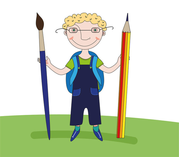 Een eerstejaars met een schoolrugzak heeft een enorm potlood en penseel. - Vector, afbeelding