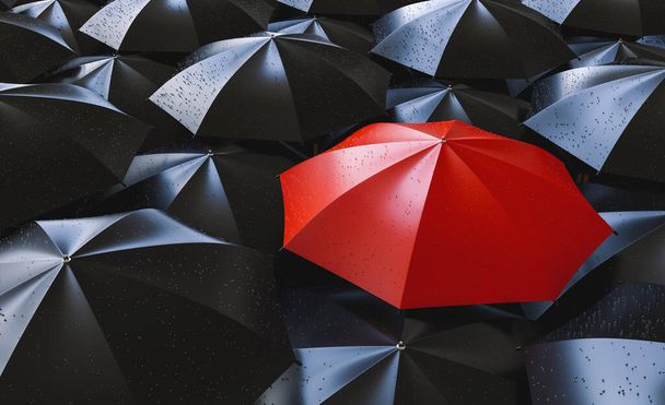 Paraguas rojo entre los negros, concepto de individualidad y diferencia
 - Foto, imagen