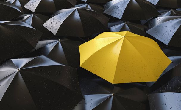 Diferente, único y de pie fuera de la multitud paraguas amarillo con gotas de lluvia
 - Foto, Imagen