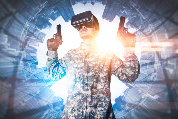 soldier use a VR glasses for combat simulation training overlay with the hologram. the concept of virtual hologram, simulation, gaming, internet of things and future life. - Photo, Image