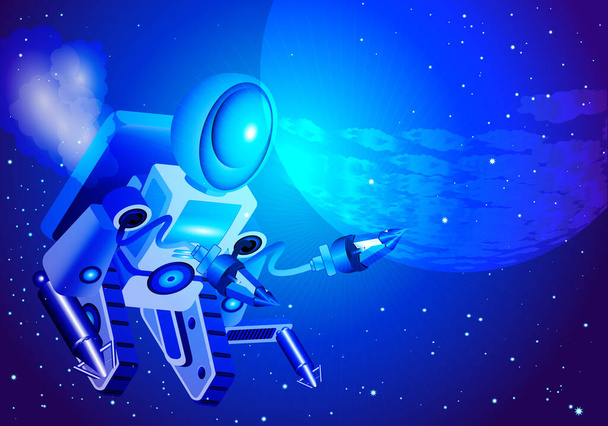 Ρομπότ διαστήματος στο φόντο ενός όμορφου νυχτερινού έναστρου ουρανού και πλανήτη. Εικονογράφηση διανυσμάτων - επιστημονική έρευνα στο διάστημα - Διάνυσμα, εικόνα