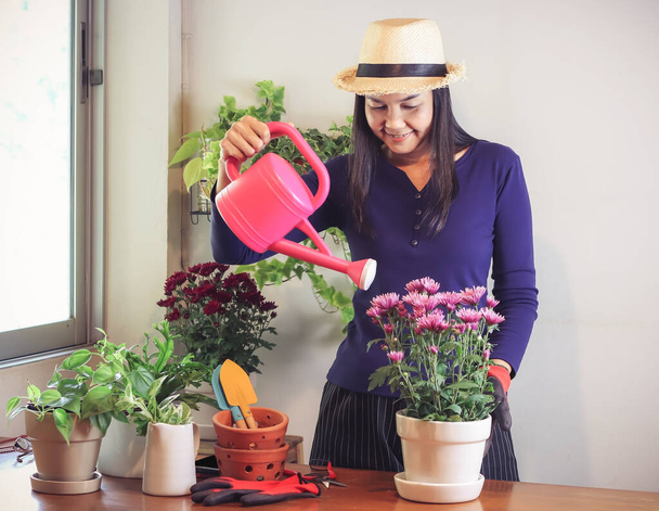 Beautiful Asian female gardener taking care of plant at wooden table indoor, holding pink watering can and smiling happily.Gardening concept
. - Фото, изображение