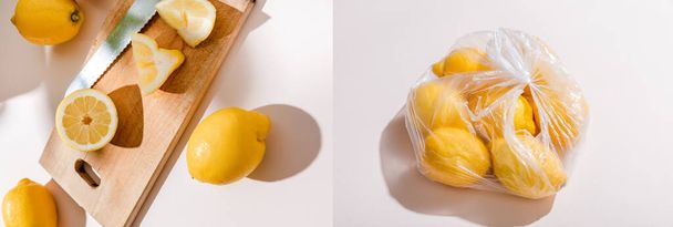 Collage mit geschnittenen Zitronen auf Holzbrett und ganzen Zitronen in Plastiktüte auf grauem Tisch, Website-Header  - Foto, Bild