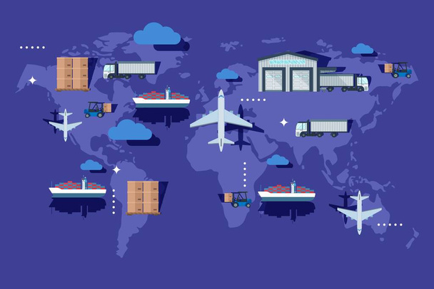 Warehouse transportation outside container, delievery vector illustration. Industry production export on world map, airplane - Vector, Image
