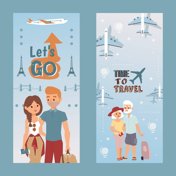 People vacation set, lets do and time to travel, vector illustration. Happy couple tourism by plane with bag suitcase at holiday - Vektori, kuva