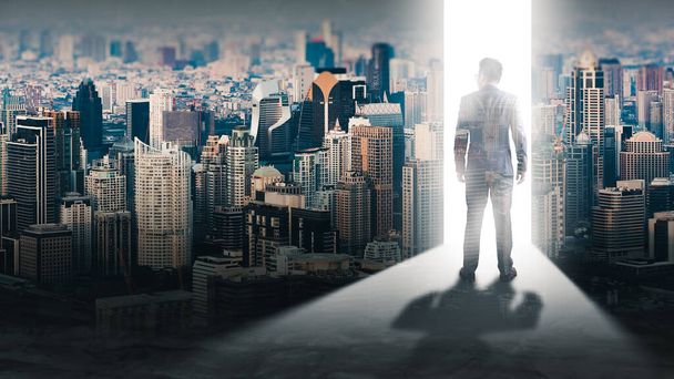The double exposure image of the businessman standing front of the door is opening during sunrise overlay with cityscape image. The concept of modern life, business, city life and future. - Photo, Image
