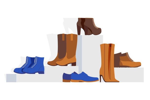 Kolekcja damskich butów innego typu, ilustracja wektorowa. Showcase online obuwie sklep szpilki, kostki, buty zachodnie - Wektor, obraz