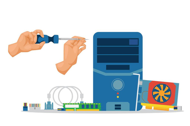 Repair and prevention computer parts work vector illustration. Worker hands character unwind processor parts, motherboard, cooler - Vektori, kuva