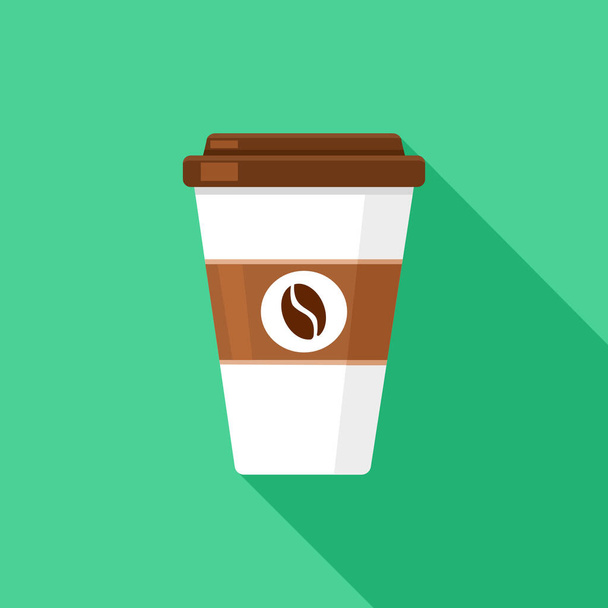 Einweg-Kaffeetasse-Symbol mit Kaffeebohnen-Logo, Vector-Abbildung flaches Design mit langem Schatten. - Vektor, Bild