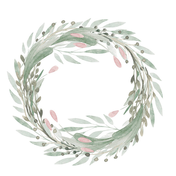 Aquarel illustratie bloemkader. Met de hand geschilderd clipart groen bloemen krans voor bruiloft uitnodigingen, feesten, verjaardagsfeestjes - Foto, afbeelding