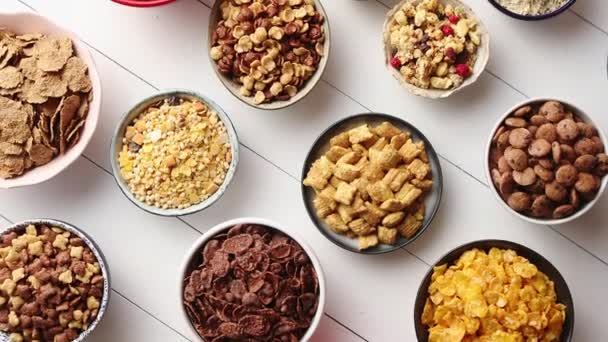  Assortment of Different Kinds Cereals Placed in Ceramic Bowls on Table - Footage, Video