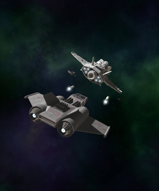 Deep Space Star Fighter Attack. Science fiction ilustrace vesmírné lodi pod útokem jednosedadlových stíhaček, 3D digitálně vykreslená ilustrace. - Fotografie, Obrázek