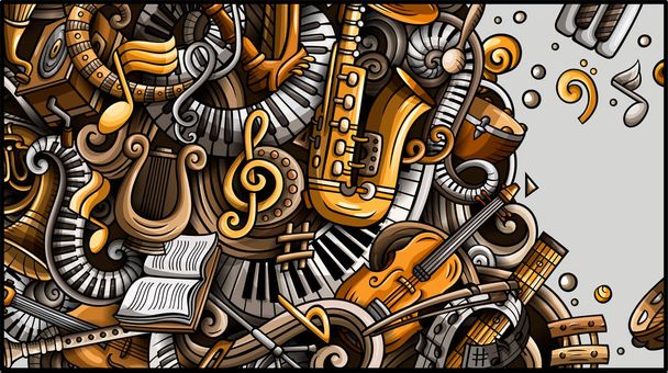 Klasyczna muzyka ręcznie narysowany baner doodle. Szczegółowa ulotka z kreskówki. - Zdjęcie, obraz