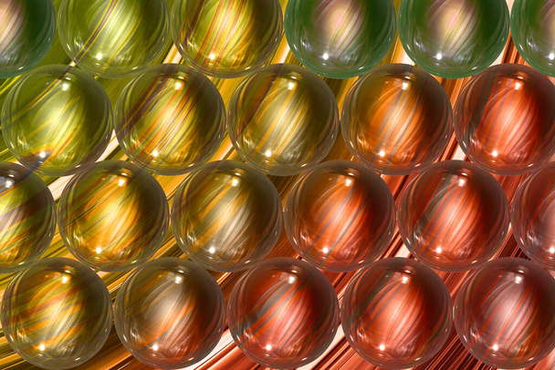 渦巻く赤、金、緑の背景を反射するガラス球のパターン - 写真・画像