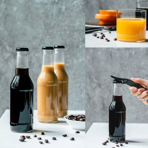 collage di caffè freddo in bottiglia, succo d'arancia mano femminile con apribottiglie
 - Foto, immagini