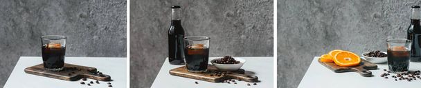 collage of cold brew coffee with ice in glass and bottle near orange and coffee beans on cutting board on white table - Photo, Image